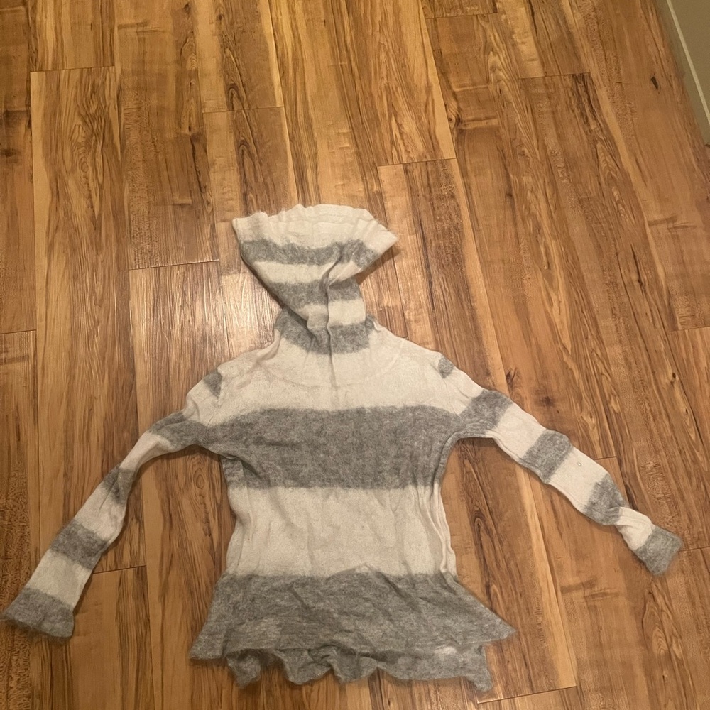 FREE PEOPLE Striped Hoodie Sweater in Light Gray & Cream